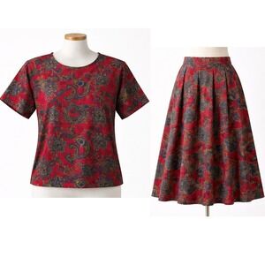 Vintage 90s Paisley Skirt Set Size S Red USA Made Preppy Academia Classic Pocket
